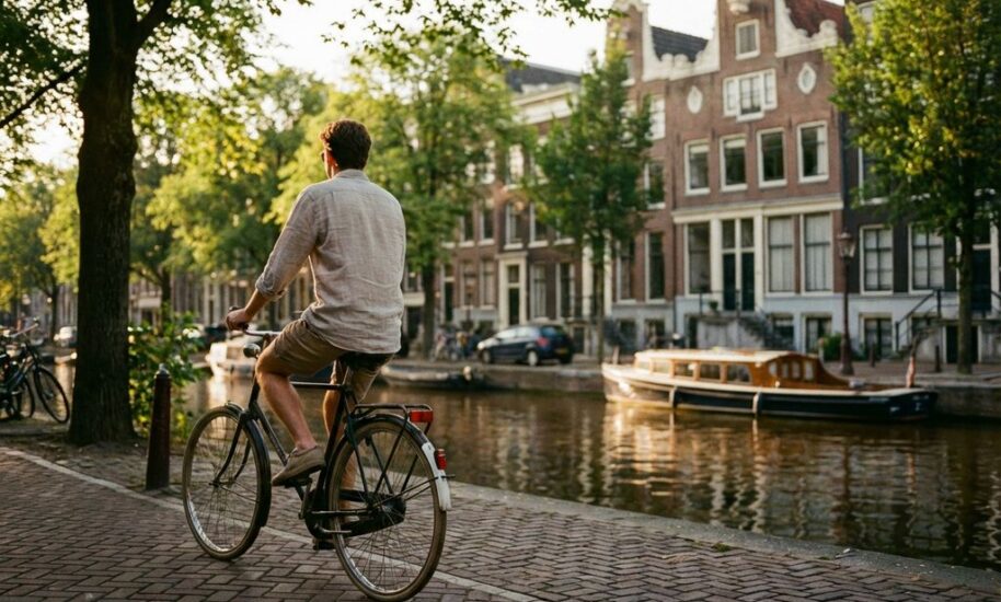 Cyclist riding along tree-lined Amsterdam canal with traditional Dutch gabled houses reflected in water during golden hour