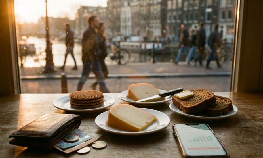 Traditional Dutch meal with stroopwafels, cheese and bread on Amsterdam café table with Euro banknotes and budget app on phone