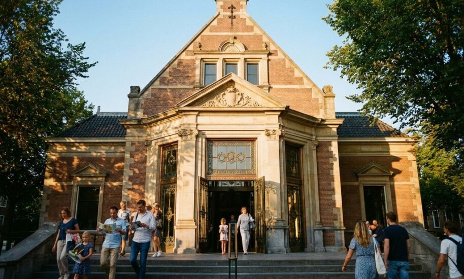 Visitors climb stone steps to Amsterdam museum entrance with classic Dutch brick architecture and ornate glass doors
