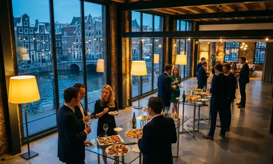 Corporate party in modern Amsterdam office with employees mingling, appetizers on glass tables, canal view at dusk