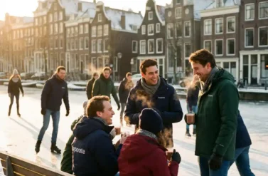 Diverse Amsterdam office colleagues ice skating on frozen canal with traditional Dutch houses and snow-covered rooftops in background.