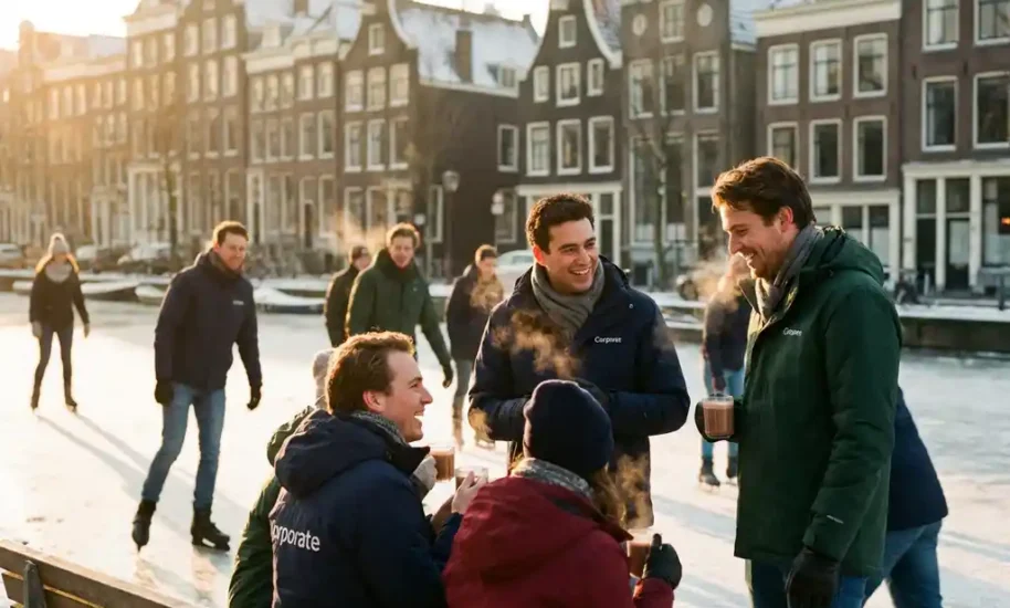Diverse Amsterdam office colleagues ice skating on frozen canal with traditional Dutch houses and snow-covered rooftops in background.