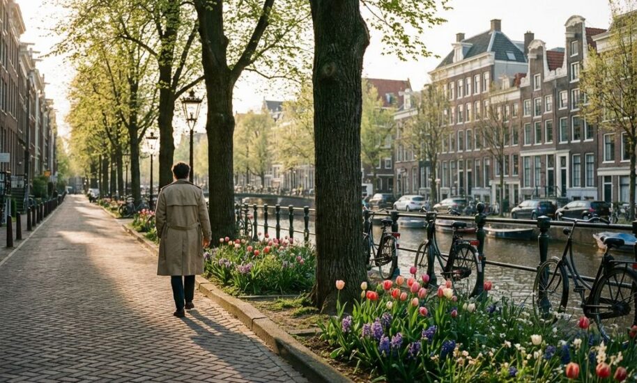 Person walking on tree-lined canal path in Amsterdam park with Dutch architecture, spring flowers, and parked bicycles