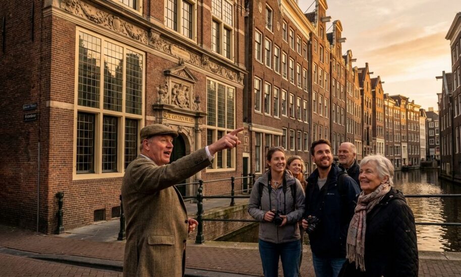 Tour guide pointing at historic Amsterdam canal house facade while tourists listen, traditional Dutch architecture with brick details visible
