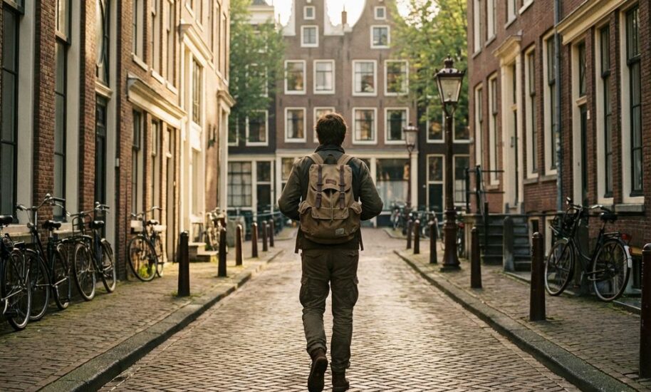 Tourist walking along cobblestone street in Amsterdam's historic center with traditional Dutch canal houses and parked bicycles