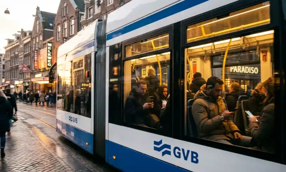 Amsterdam tram with passengers traveling through city center past Dutch canal houses during golden hour sunset