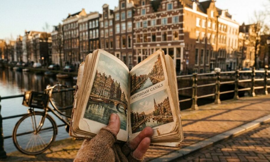 Traveler's hand holding vintage Amsterdam guidebook with Dutch canal houses reflected in water during golden hour