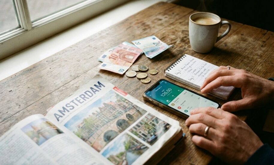 Open Amsterdam travel guidebook on wooden table with smartphone budget app, euro coins and bills, handwritten notes, and coffee cup