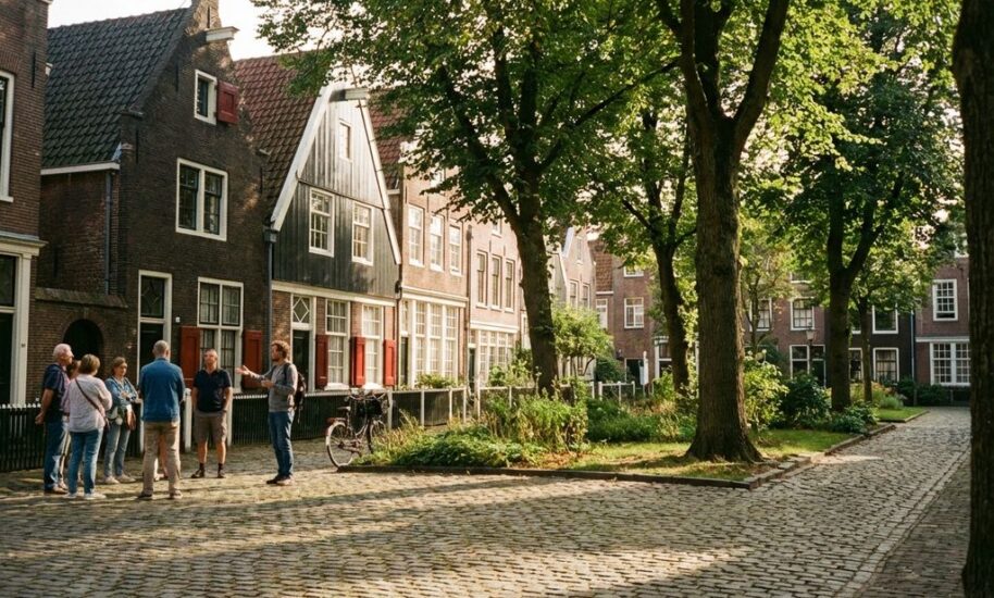 Historic Begijnhof courtyard in Amsterdam with cobblestones, medieval brick houses, tourists with guide, and sunlight through trees.