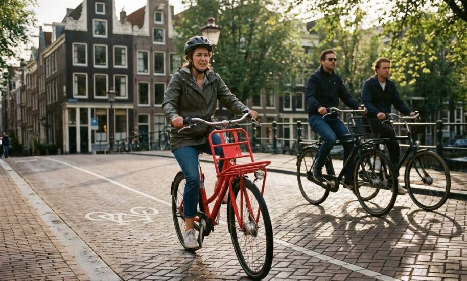 Nervous beginner cyclist on red rental bike in Amsterdam bike lane with traditional Dutch canal houses in background