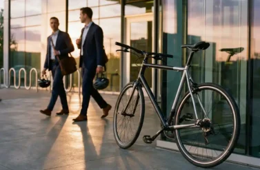 Modern bicycle parked at glass corporate office entrance with business people carrying helmets walking past