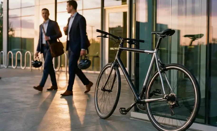Modern bicycle parked at glass corporate office entrance with business people carrying helmets walking past