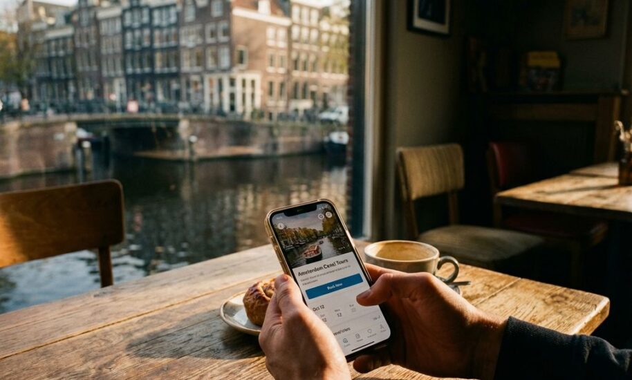 Person holding smartphone with booking app at Amsterdam canal-side cafe table with Dutch gabled houses in background