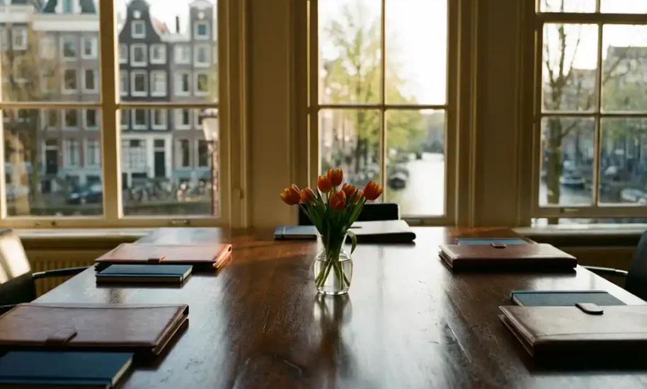 Conference table with leather portfolios and tulip centerpiece overlooking Amsterdam canal houses through large windows