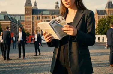 Professional businesswoman in suit reading Amsterdam guidebook at Rijksmuseum entrance with Gothic architecture backdrop