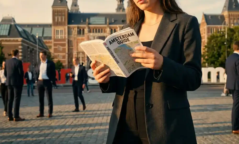 Professional businesswoman in suit reading Amsterdam guidebook at Rijksmuseum entrance with Gothic architecture backdrop