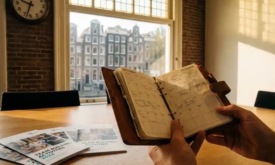 Businesswoman holding open planner in Amsterdam office with canal view and team building brochures on conference table