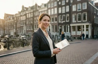 Professional businesswoman in suit holding tablet with analytics graphs, standing on cobblestone street in Amsterdam.