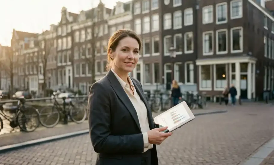 Professional businesswoman in suit holding tablet with analytics graphs, standing on cobblestone street in Amsterdam.