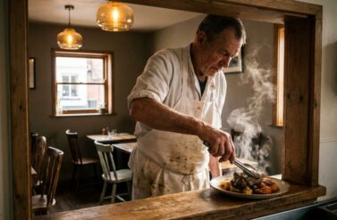Chef in white apron plating steaming regional dish in cozy restaurant kitchen with warm lighting and dining room visible