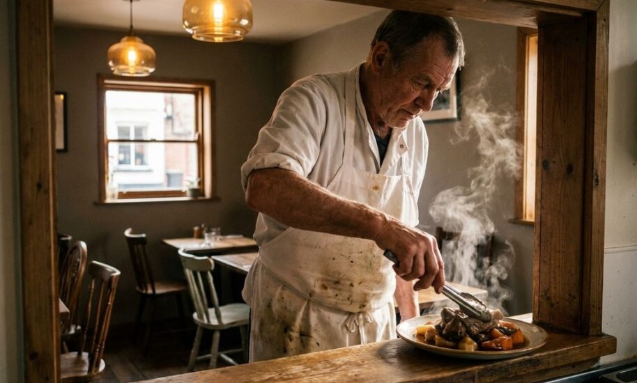 Chef in white apron plating steaming regional dish in cozy restaurant kitchen with warm lighting and dining room visible