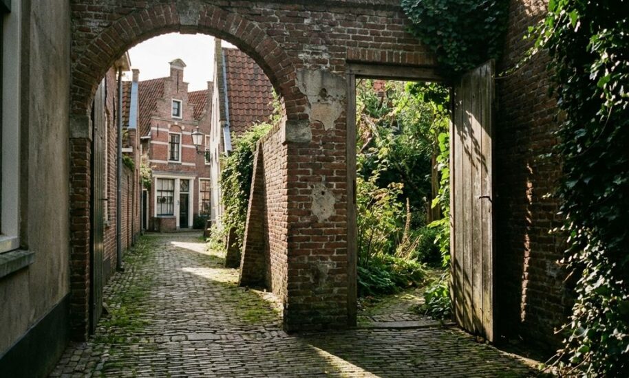 Narrow cobblestone alley leading to historic Dutch courtyard with red-tiled roofs, weathered brick archway, and sunlit garden