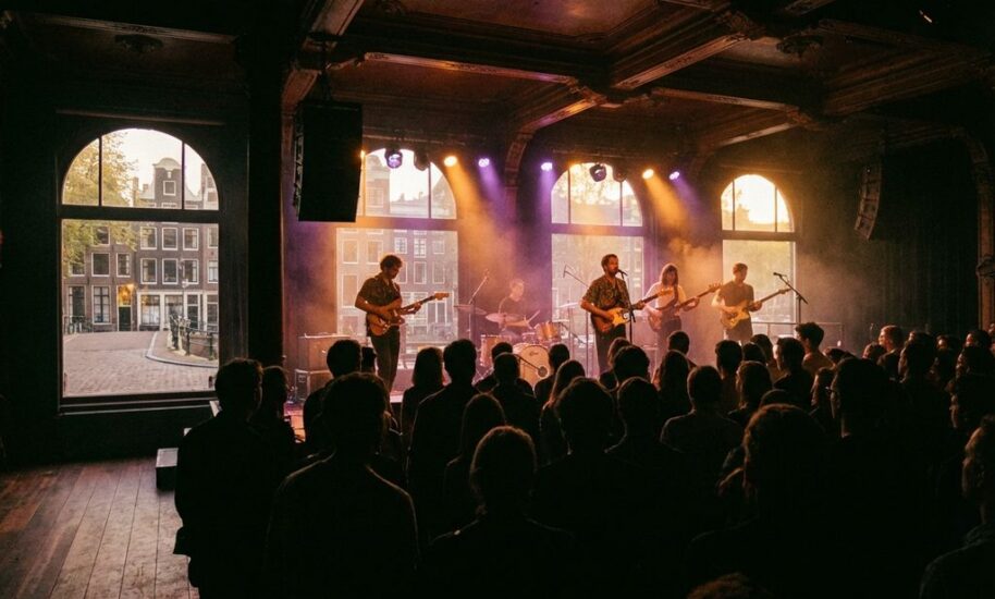 Live band performing on illuminated stage in Amsterdam concert hall with canal house architecture visible through windows
