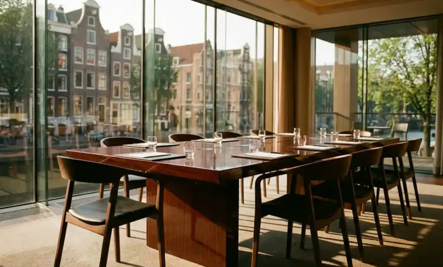Modern conference room with mahogany table and ergonomic chairs overlooking Amsterdam canal houses through floor-to-ceiling windows