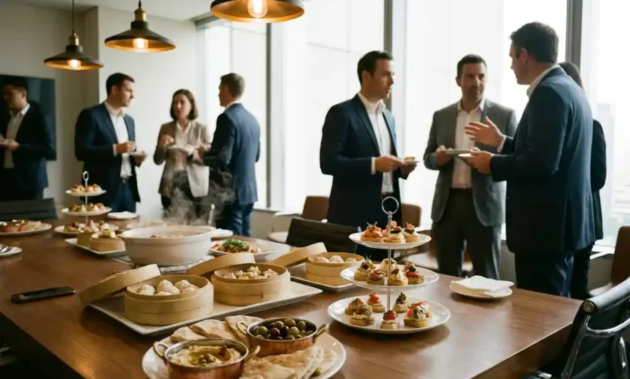 Corporate boardroom with business professionals dining on diverse international cuisine including dumplings, mezze, and canapés.
