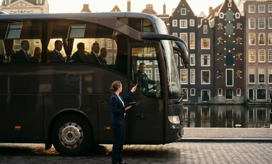 Professional woman with tablet coordinating with bus driver beside modern coach bus parked on Amsterdam canal street