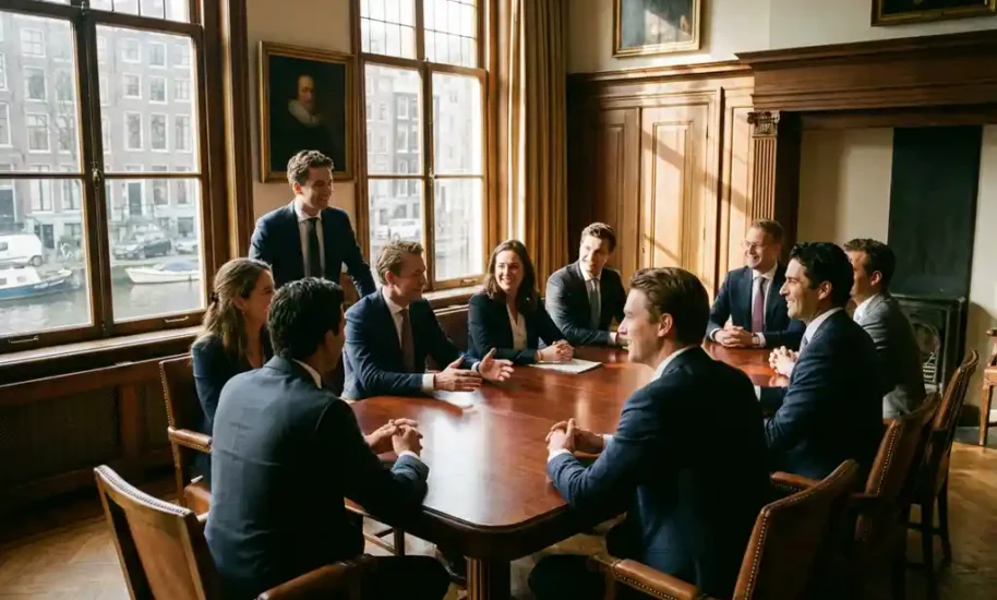 Business professionals discussing at conference table in Amsterdam canal house with historic Dutch buildings visible through windows