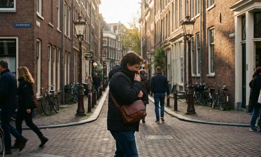 Person wearing secure crossbody bag walking through crowded Amsterdam street with traditional Dutch canal houses and cobblestones