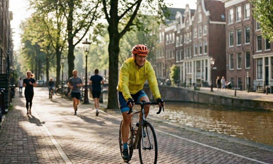 Cyclist in bright athletic wear pedaling along Amsterdam canal with traditional Dutch gabled houses and tree-lined path