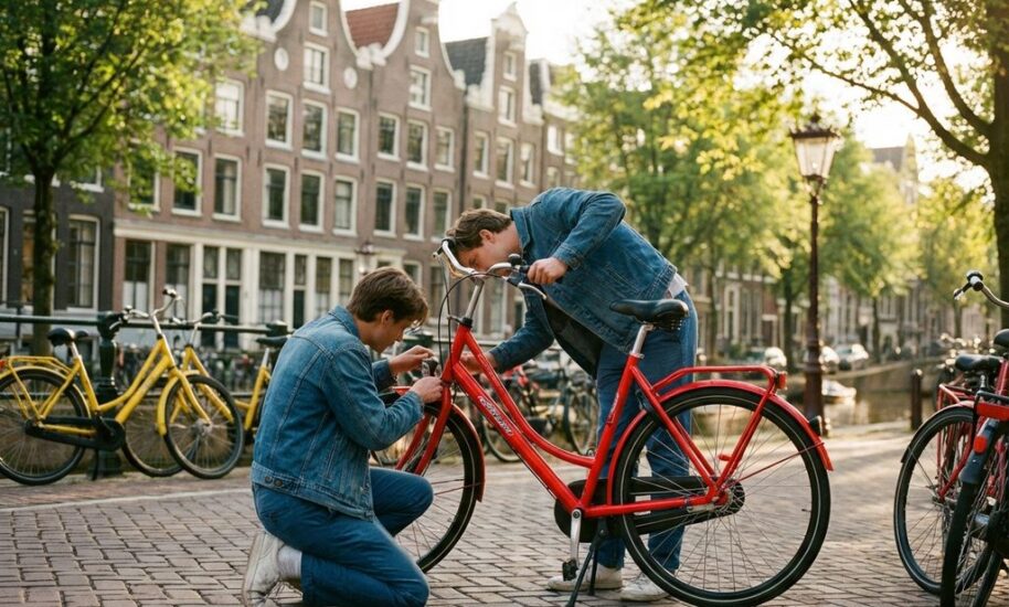 Cyclist inspecting red rental bike on Amsterdam canal street with traditional Dutch gabled houses in background