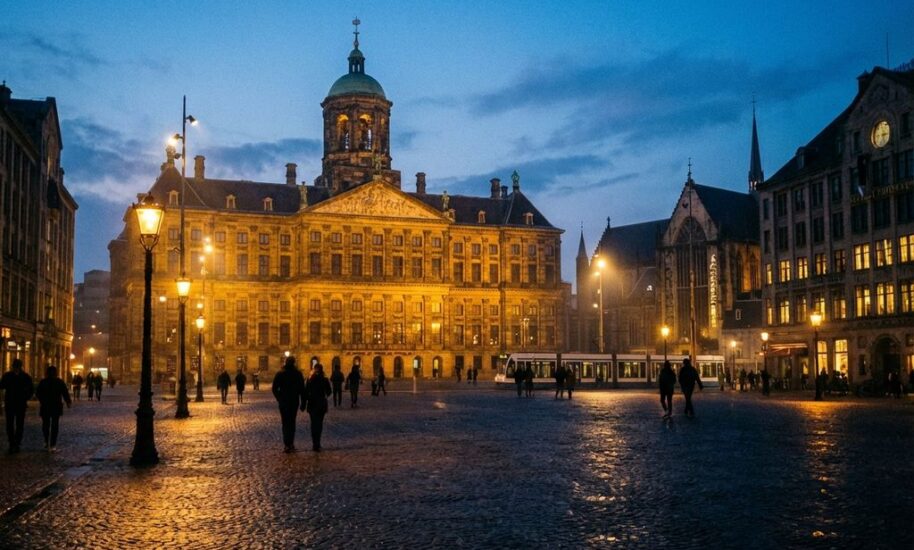 Royal Palace Amsterdam illuminated at night on Dam Square with golden floodlights, cobblestones, and evening visitors strolling.