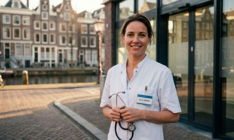 Friendly doctor in white coat holding stethoscope outside modern medical clinic with Dutch canal houses in Amsterdam background