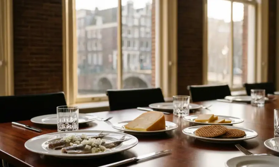 Mahogany boardroom table with Dutch herring, aged Gouda cheese, and stroopwafels in Amsterdam canal house setting