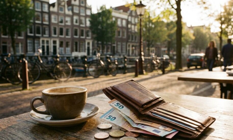 Euro banknotes and coins with leather wallet next to coffee cup on Amsterdam cafe terrace with Dutch canal houses background