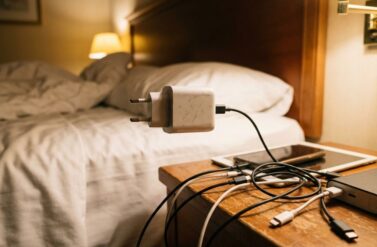 European power adapter plugged into hotel wall outlet with charging cables and devices on wooden nightstand