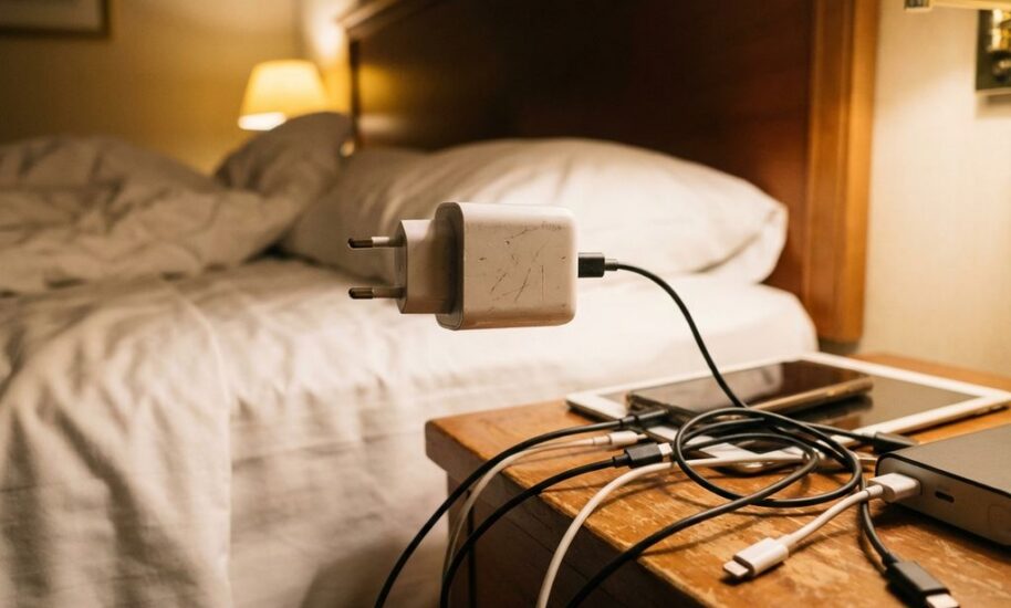 European power adapter plugged into hotel wall outlet with charging cables and devices on wooden nightstand