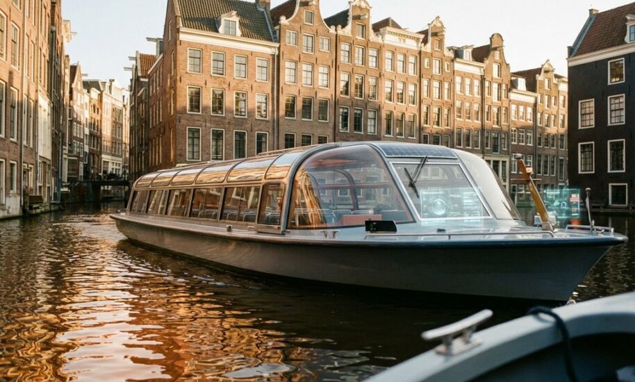 Futuristic solar-powered canal boat with holographic displays navigating Amsterdam waterway past historic 17th-century houses