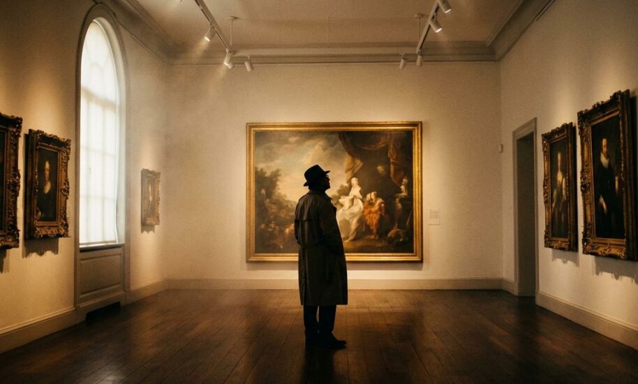Visitor contemplating large classical painting in elegant museum gallery with ornate gilded frames and warm lighting.