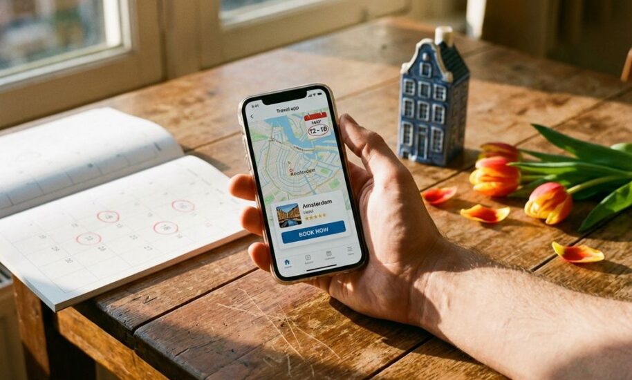 Hand holding smartphone with hotel booking app at wooden table with Amsterdam calendar dates circled and Dutch tulips nearby