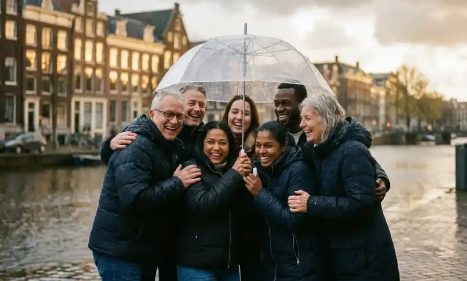 Diverse office colleagues sharing umbrella on rainy Amsterdam street with traditional Dutch canal houses in background
