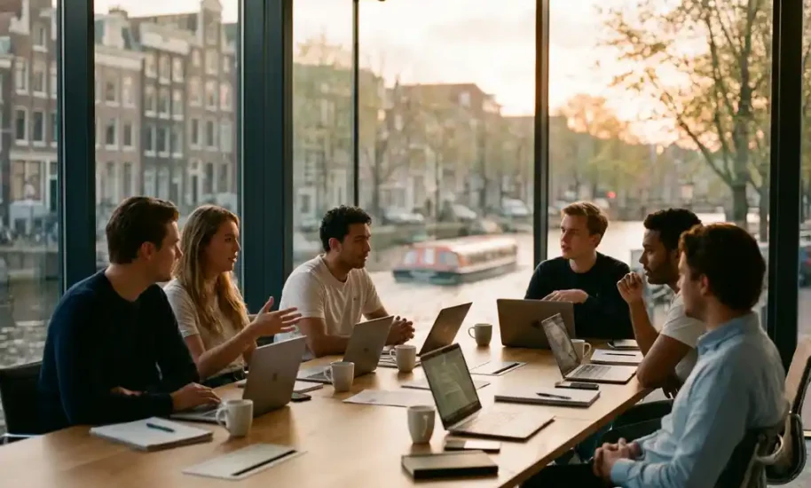 Diverse startup professionals collaborating around wooden table in Amsterdam conference room with canal houses visible through windows