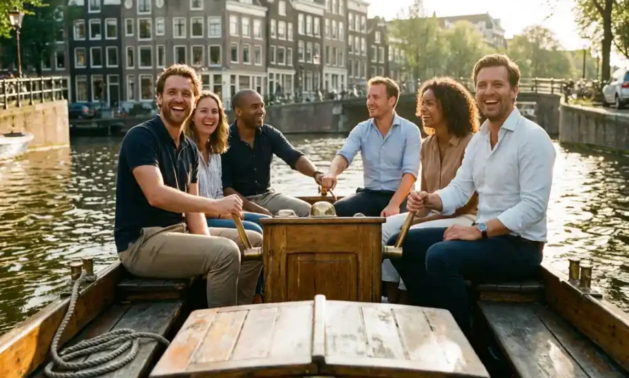 Diverse team of professionals laughing together on canal boat in Amsterdam with historic Dutch gabled houses