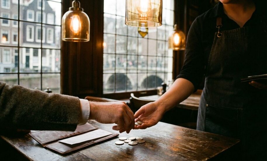 Tourist placing Euro coins as tip on restaurant table while server accepts payment, Amsterdam canal house visible through window