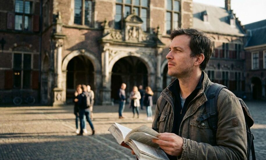 Tourist with guidebook standing at ornate Dutch museum entrance in Amsterdam, classic architecture and cobblestones visible.