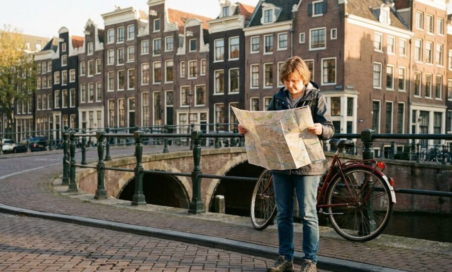 Tourist reading paper map on Amsterdam cobblestone street with Dutch canal houses and red bicycle on bridge in background.