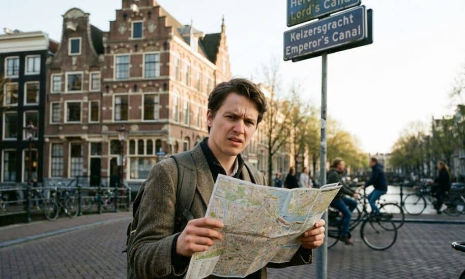 Tourist with paper map looking confused while standing in front of traditional Amsterdam canal house with Dutch architecture.